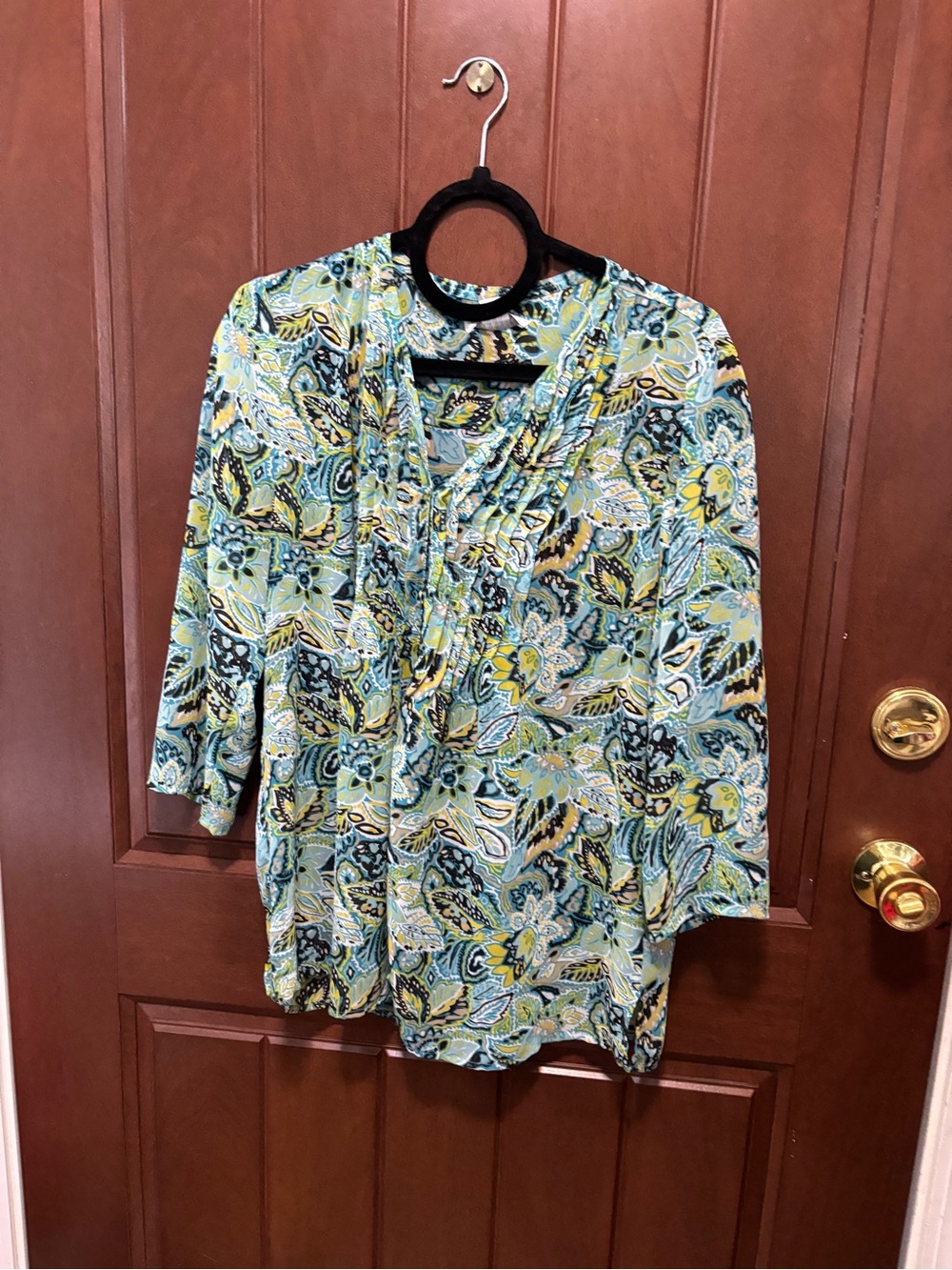 Liz Claiborne Aqua and Yellow Paisley V-Neck Blouse